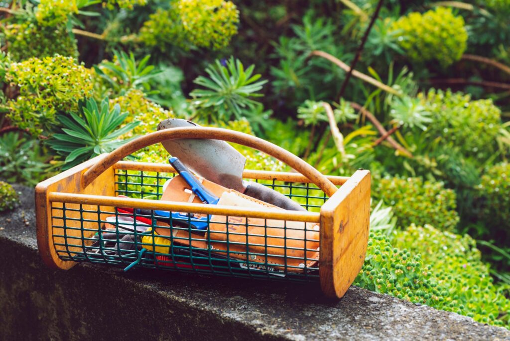 Wooden basket with garden tools on a stone ledge surrounded by greenery.